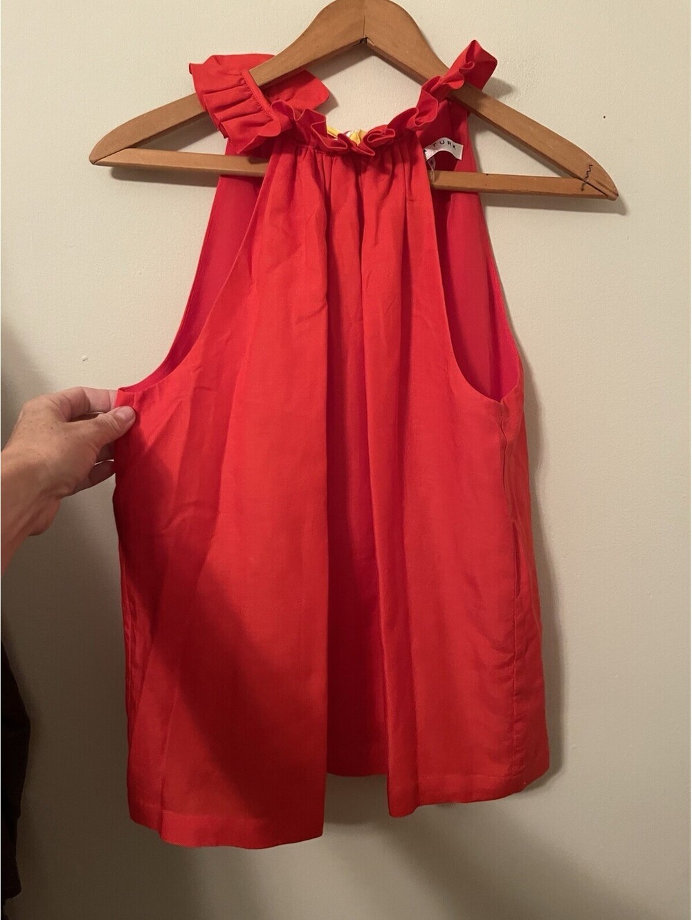 Trina Turk Red Ruffle Sleeveless Blouse Small S Tie Back Cotton Silk Lined